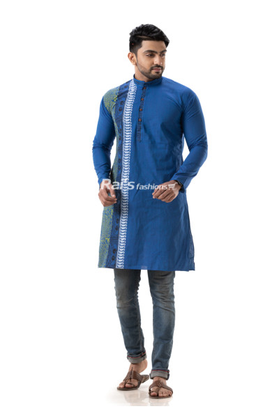 Fancy Blue Cotton Punjabi With Fabric Painting (NS74)